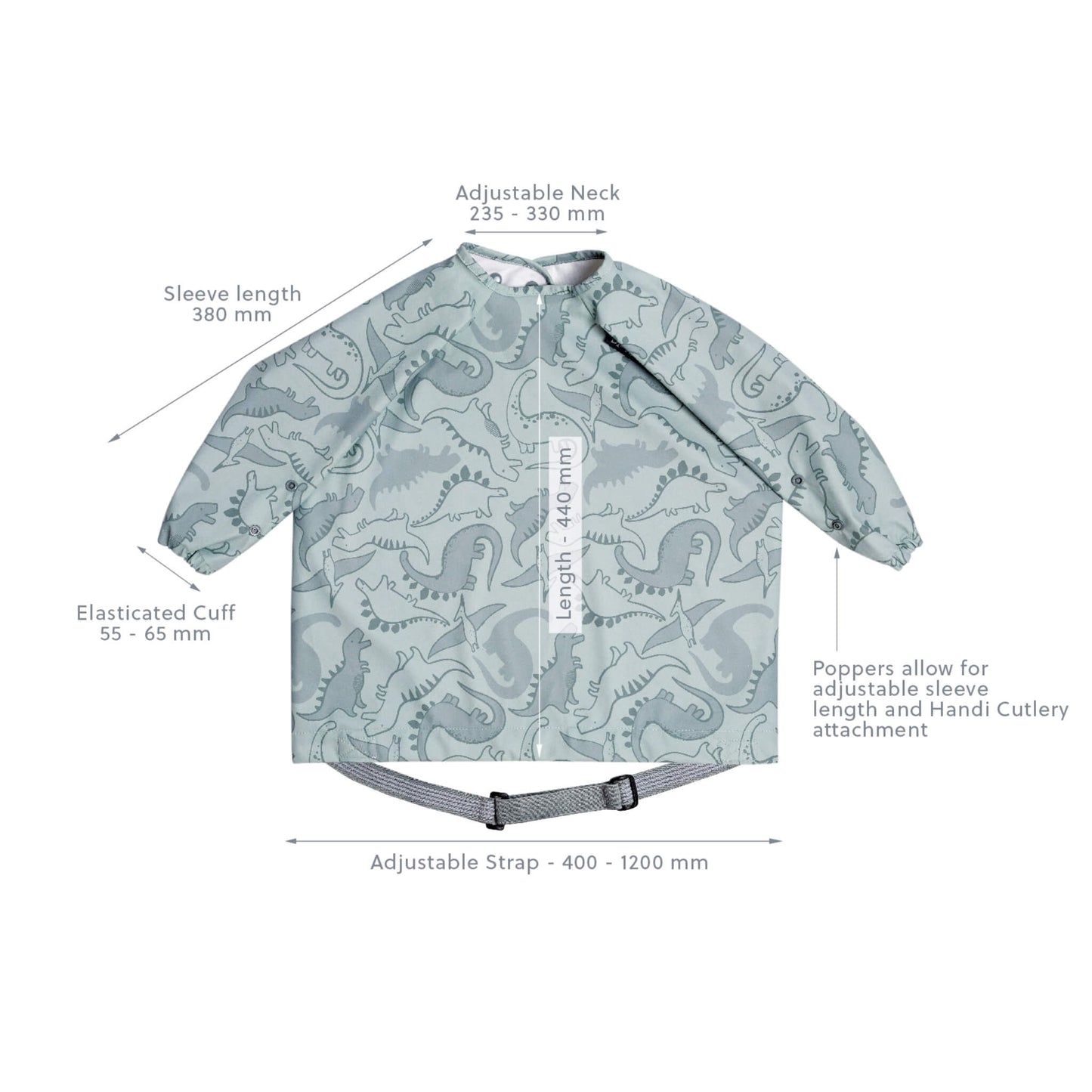 Measurement diagram of the Bibado Coverall Bib with annotations showing sleeve length, adjustable neck and strap dimensions, and popper placement.