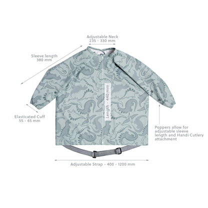 Measurement diagram of the Bibado Coverall Bib with annotations showing sleeve length, adjustable neck and strap dimensions, and popper placement.
