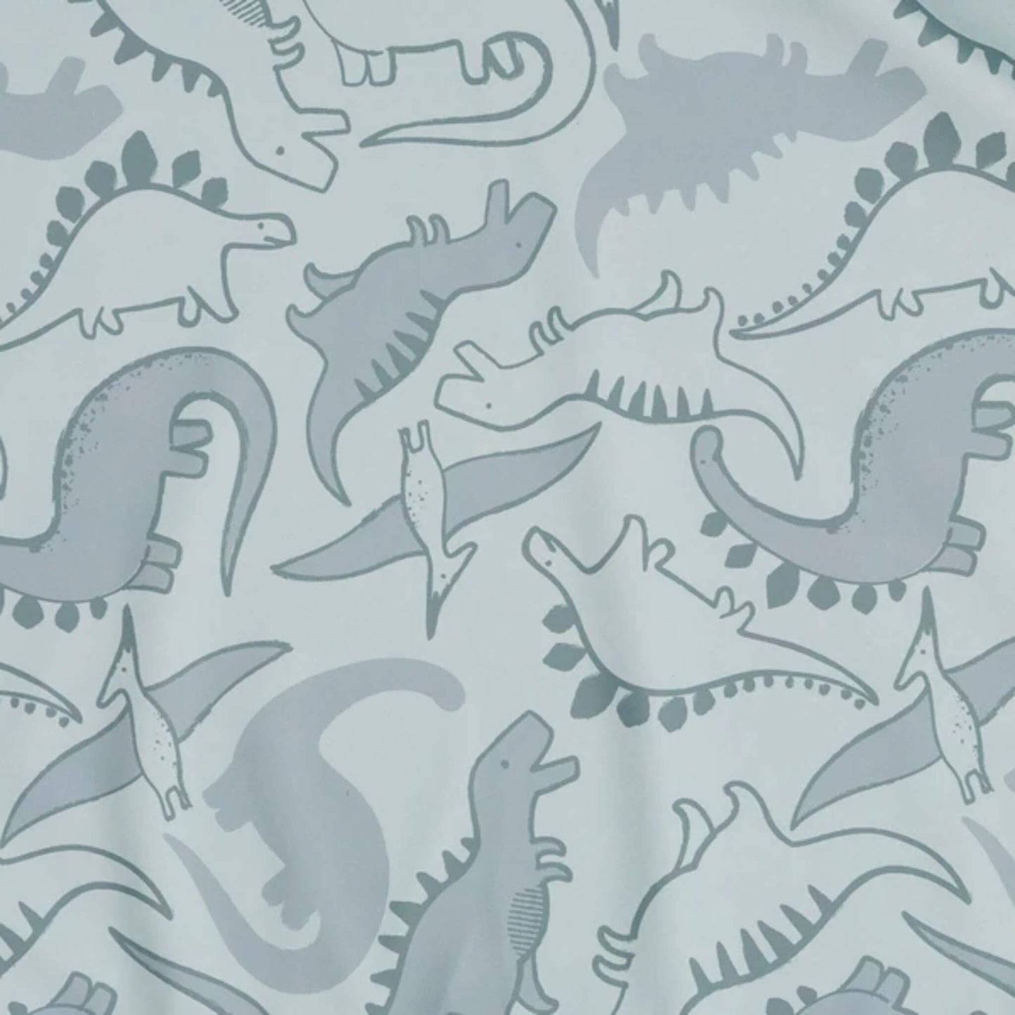 Close-up of the Dino Roar print featuring various dinosaurs in muted grey tones on a pale green background.