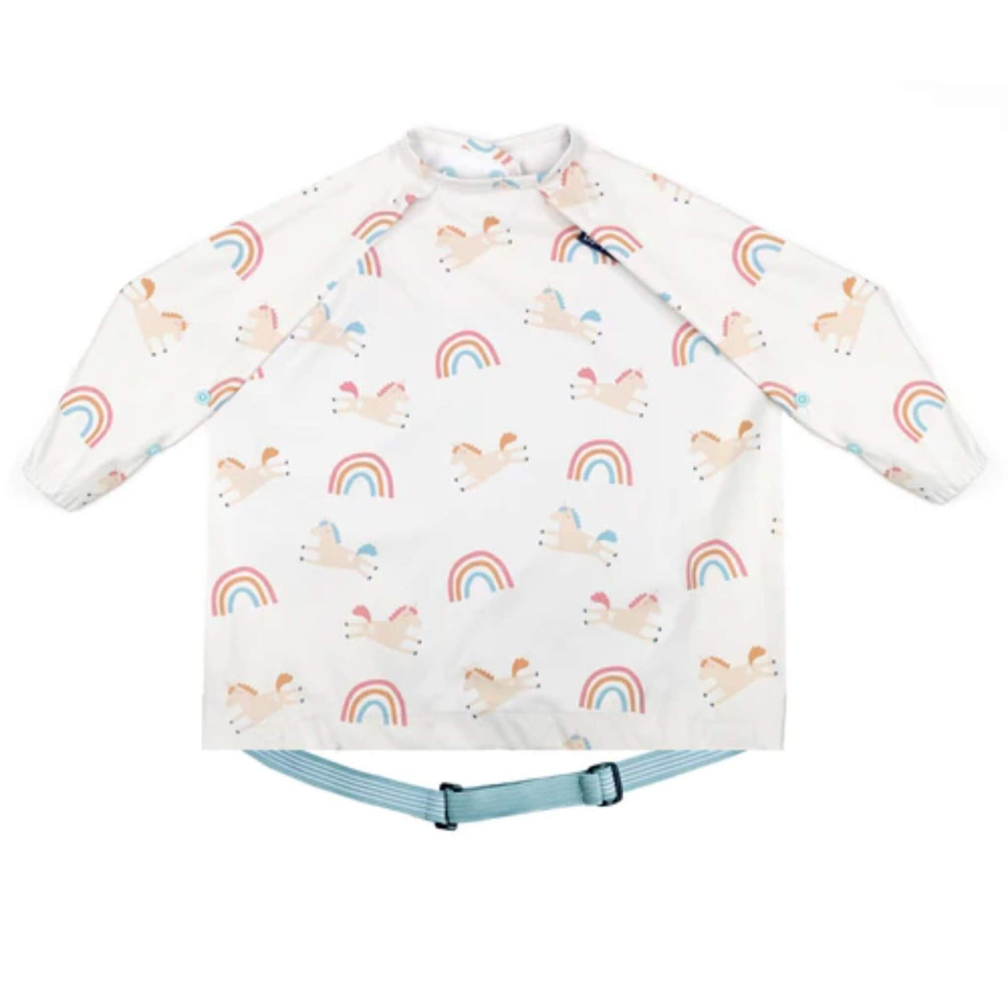 Bibado Coverall Bib in Fairytale Foodies print, featuring a white long-sleeved weaning bib with colourful unicorn and rainbow print, elasticated cuffs and an adjustable blue neck fastening.