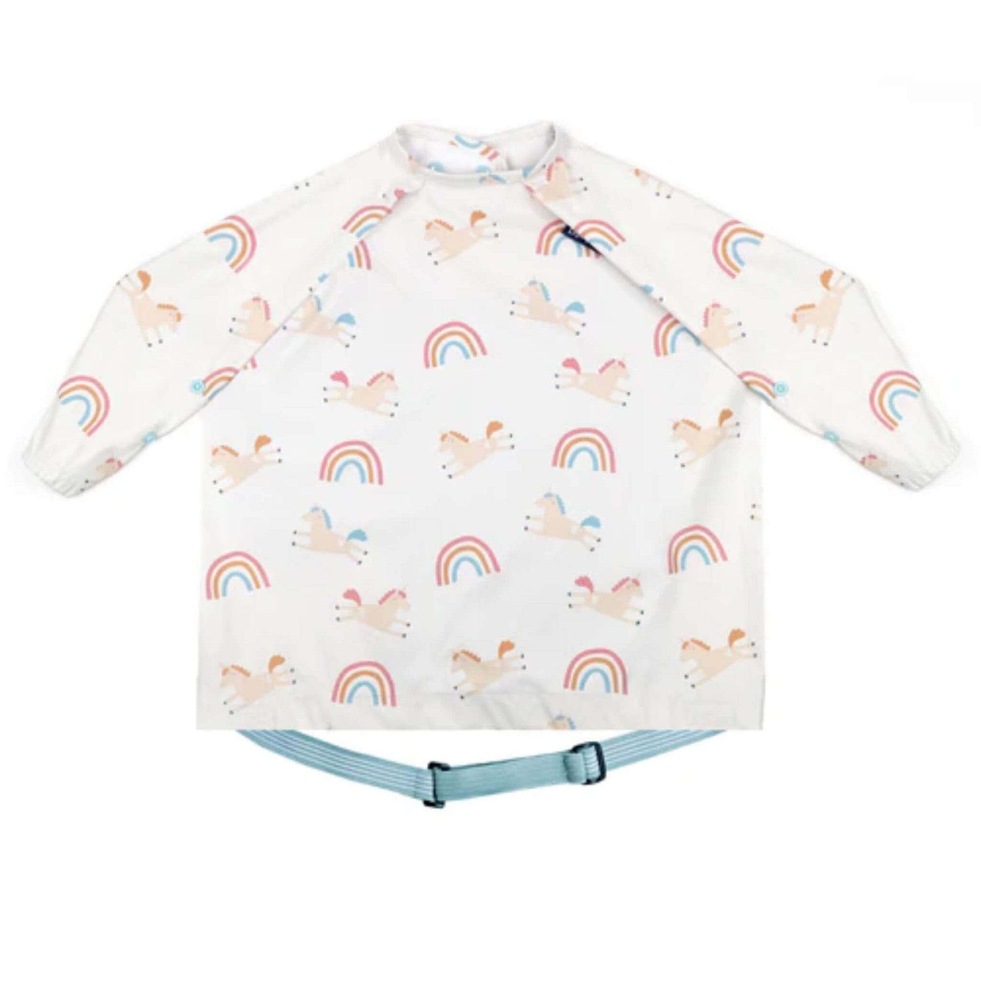 Bibado Coverall Bib in Fairytale Foodies print, featuring a white long-sleeved weaning bib with colourful unicorn and rainbow print, elasticated cuffs and an adjustable blue neck fastening.