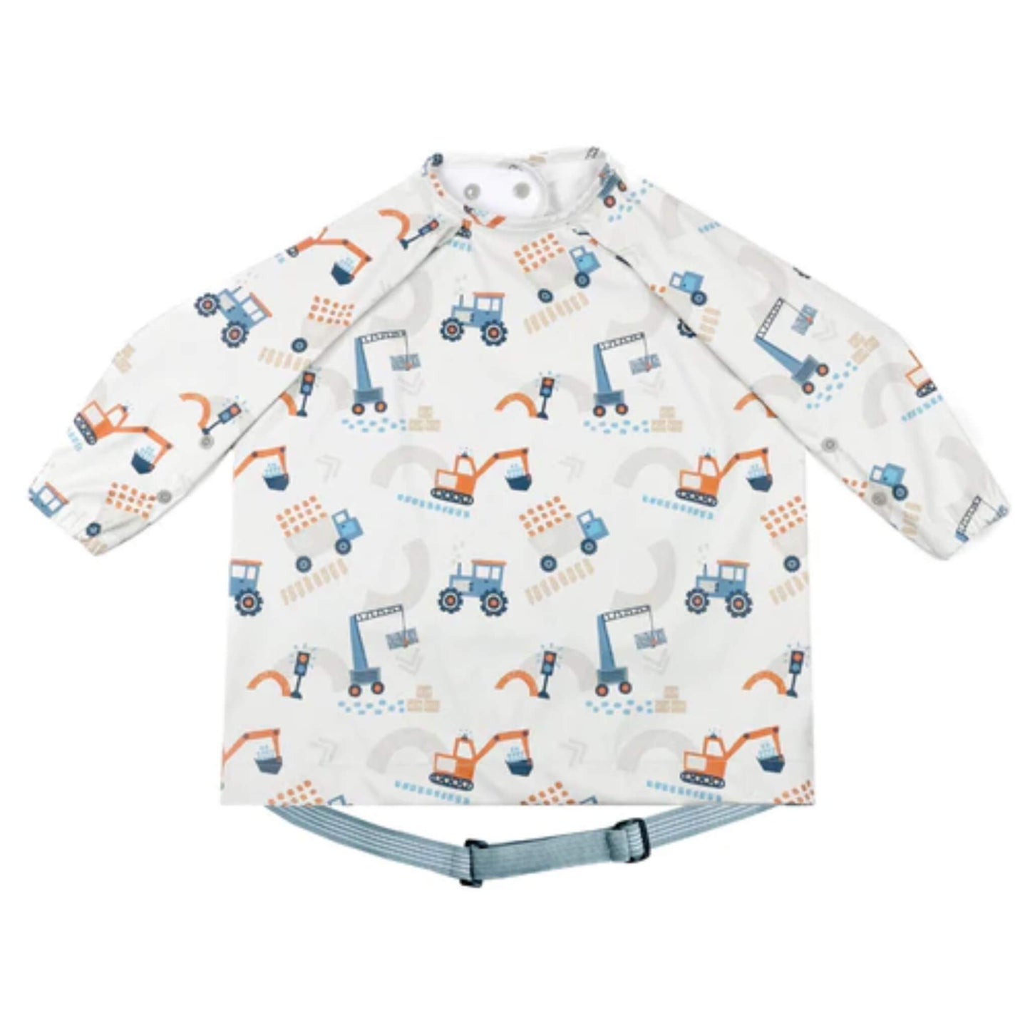 Bibado Coverall Bib in Little Loader print, featuring a white long-sleeved weaning bib with colourful construction vehicles, cranes, tractors and diggers, plus an adjustable blue neck fastening.