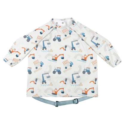 Bibado Coverall Bib in Little Loader print, featuring a white long-sleeved weaning bib with colourful construction vehicles, cranes, tractors and diggers, plus an adjustable blue neck fastening.