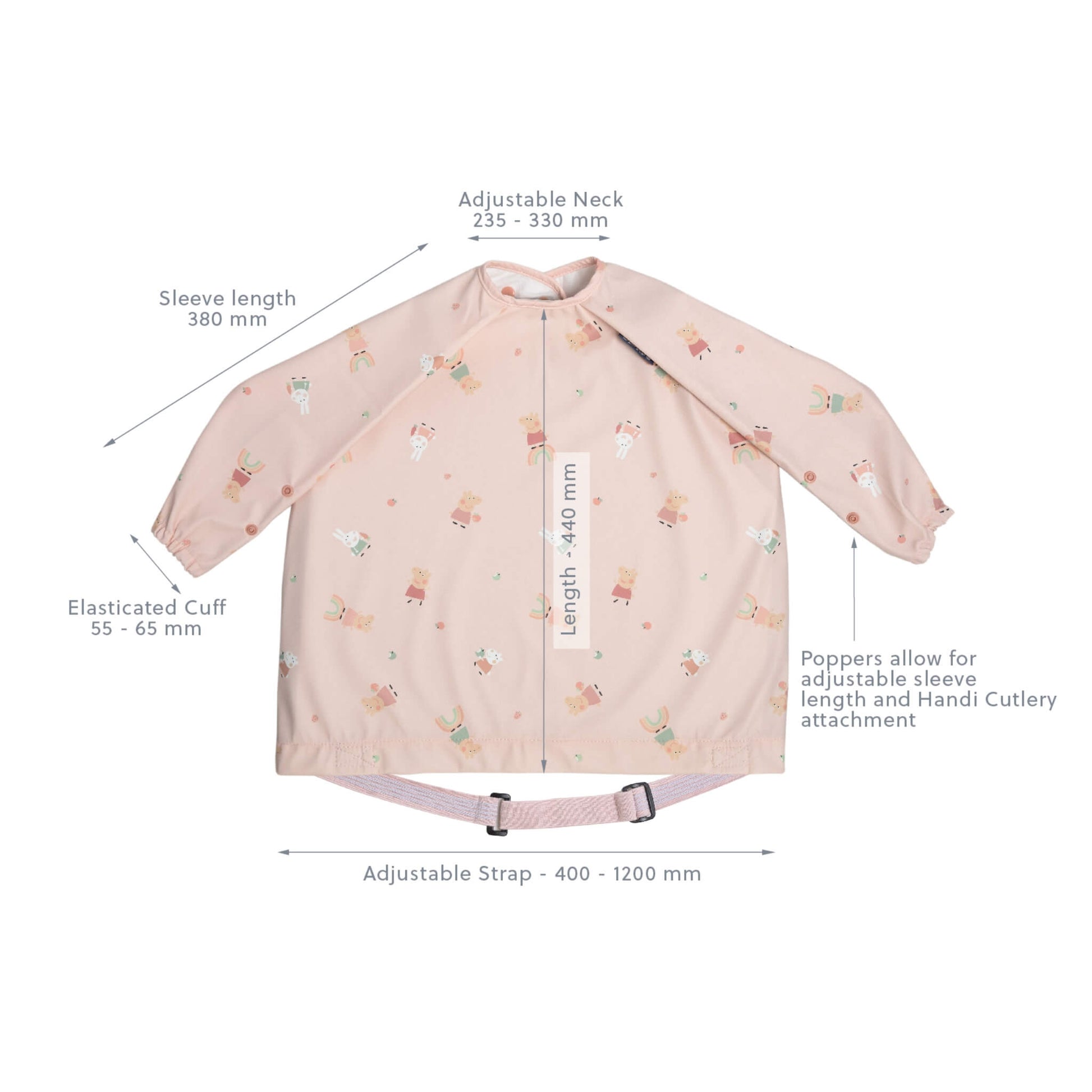 Peppa Pig coverall bib laid flat with annotated size guide for strap, neck, sleeves, and cuff.