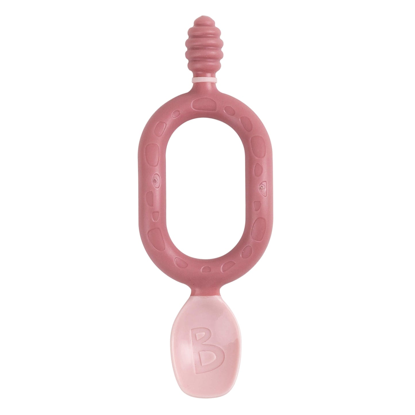 Single Bibado Dippit spoon in blush pink with soft dipper end and scooping spoon end, designed for two-handed grip.