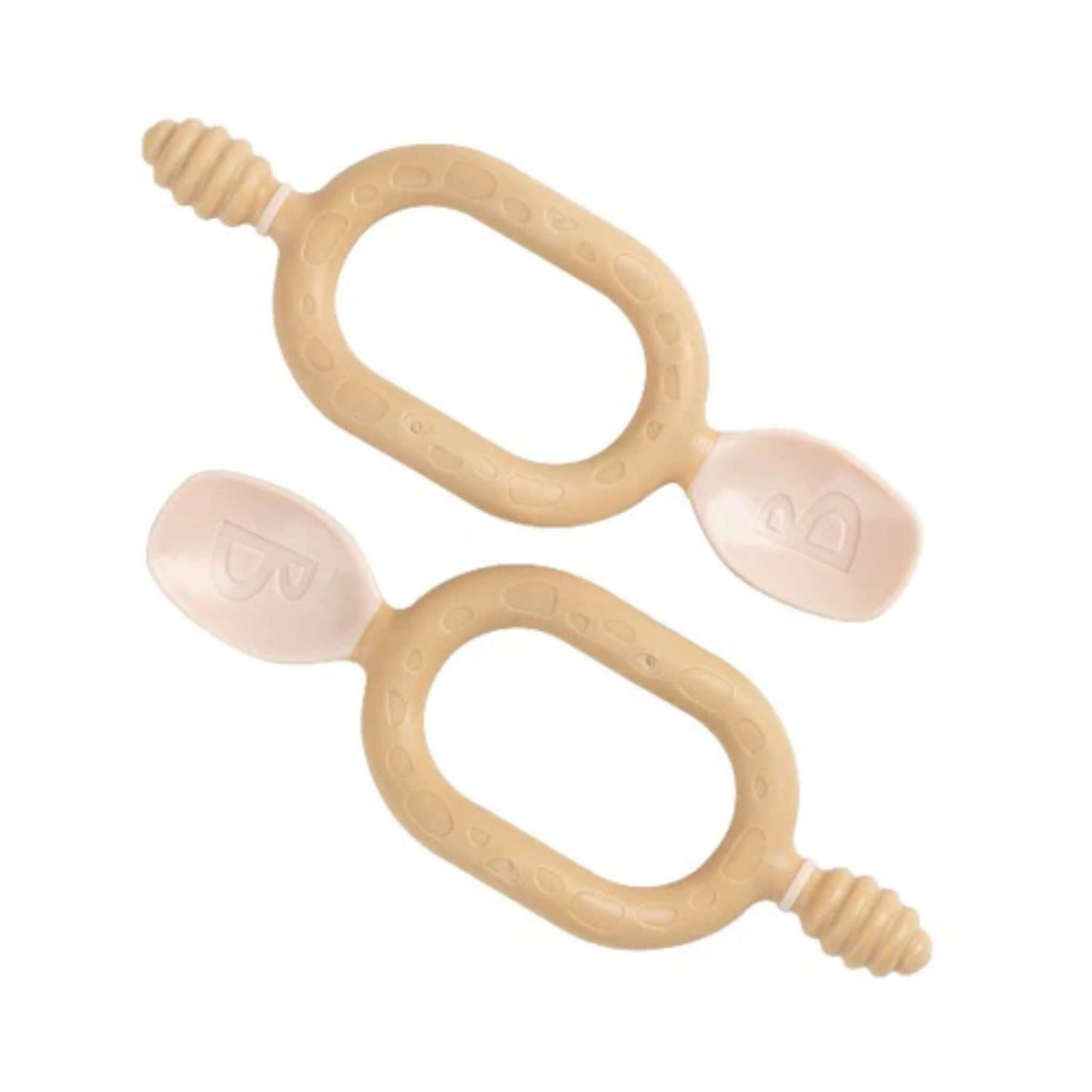 Two fawn beige Bibado Dippit baby spoons with looped handles and dual-ended design, shown flat against a white background.
