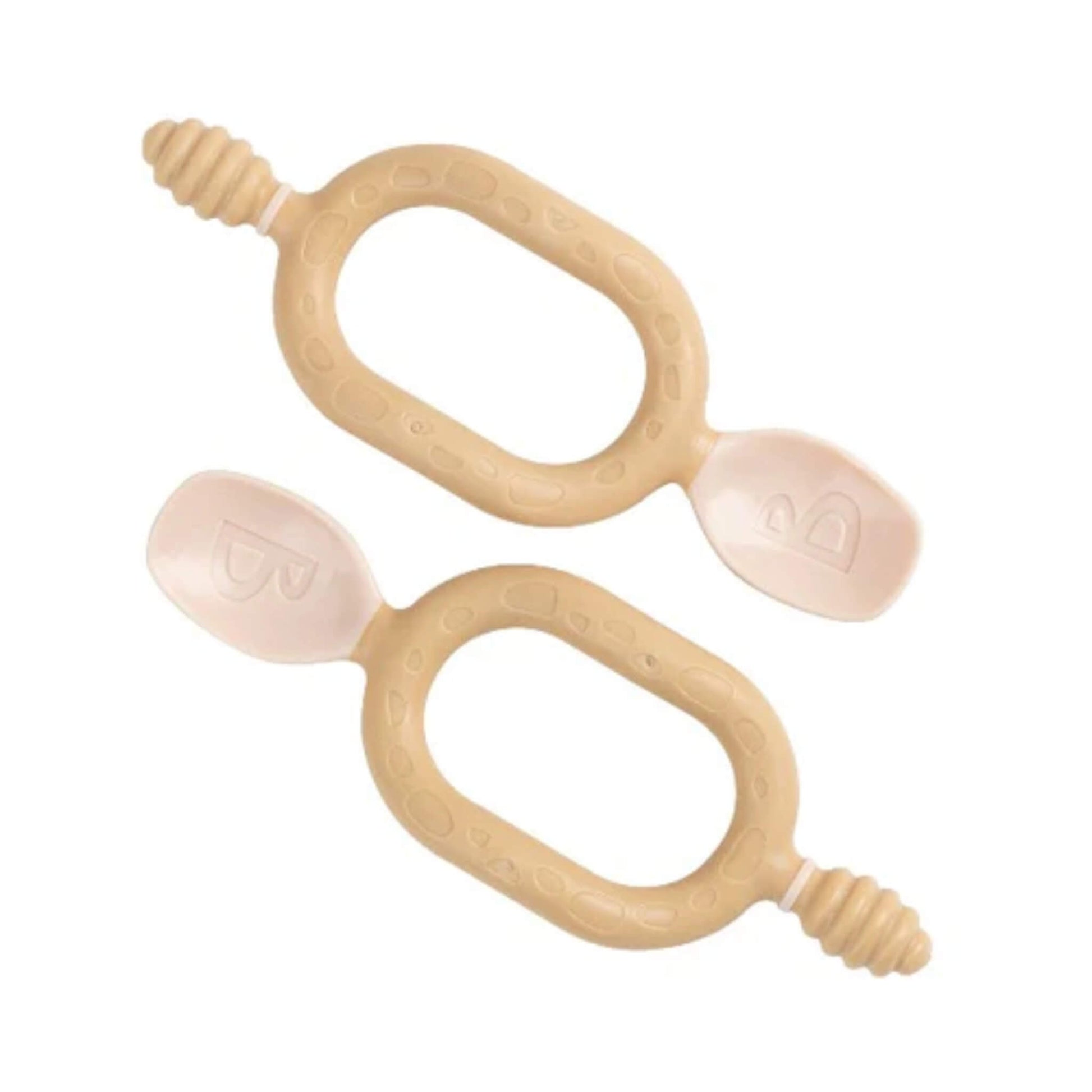 Two fawn beige Bibado Dippit baby spoons with looped handles and dual-ended design, shown flat against a white background.