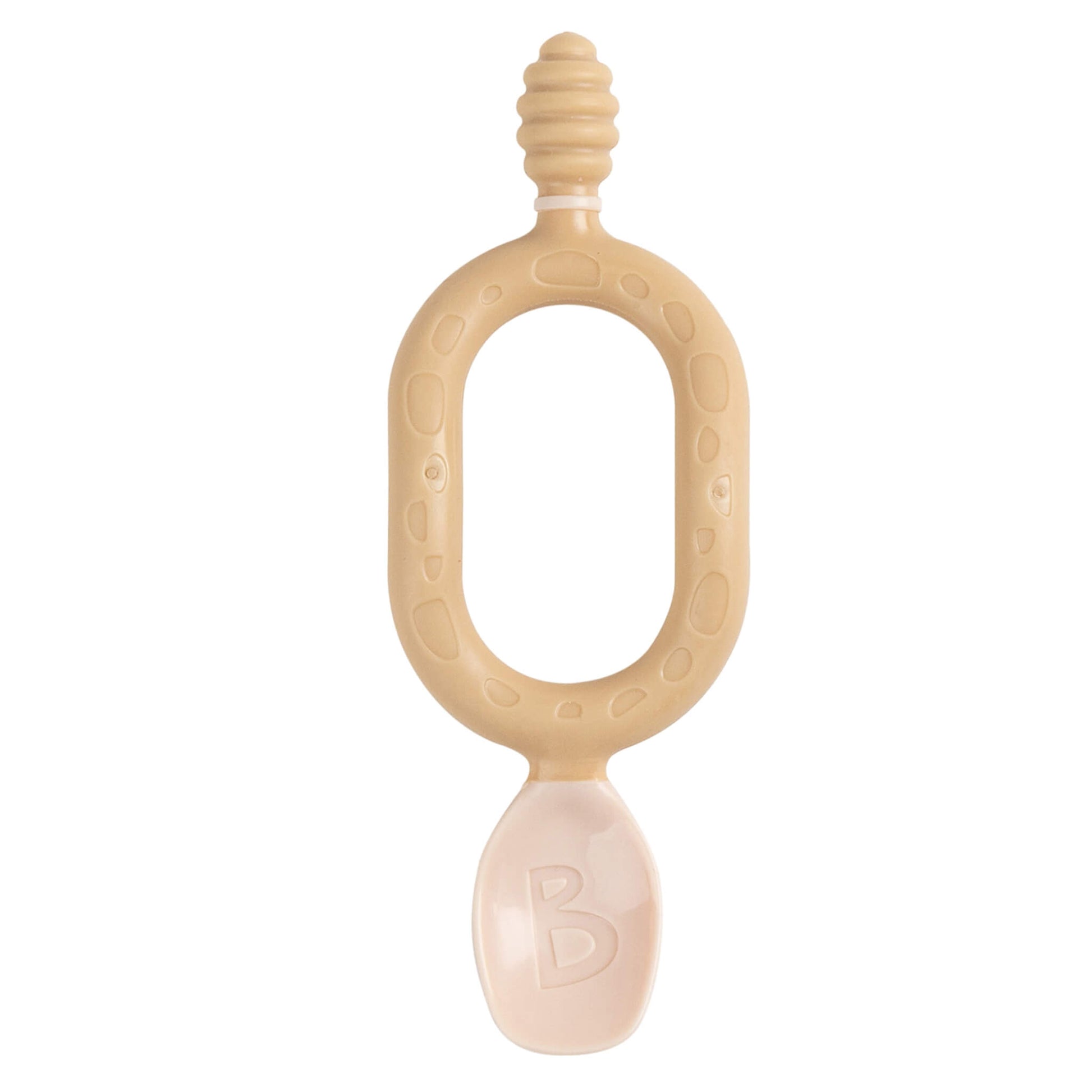 Single Bibado Dippit spoon in fawn beige with soft dipper end and scooping spoon end, designed for two-handed grip.