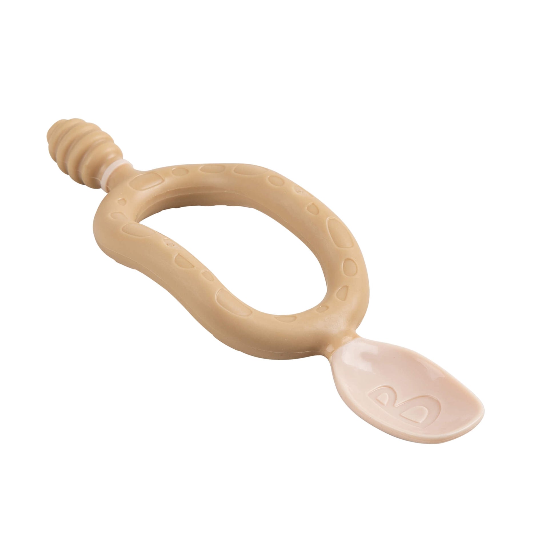 Side angle of the fawn beige Bibado Dippit spoon showing the curved ergonomic handle and textured dipper end.