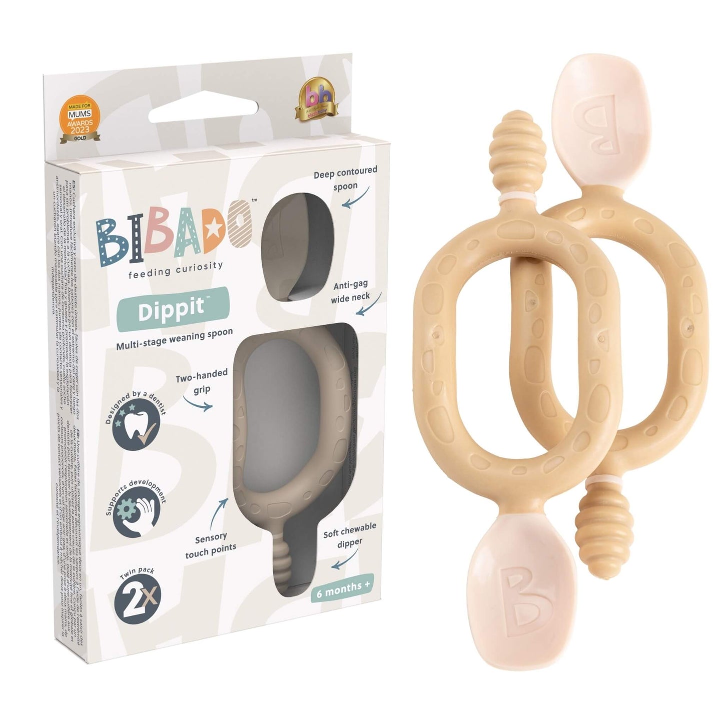 Twin-pack of Bibado Dippit spoons in fawn beige shown alongside branded packaging highlighting spoon features.