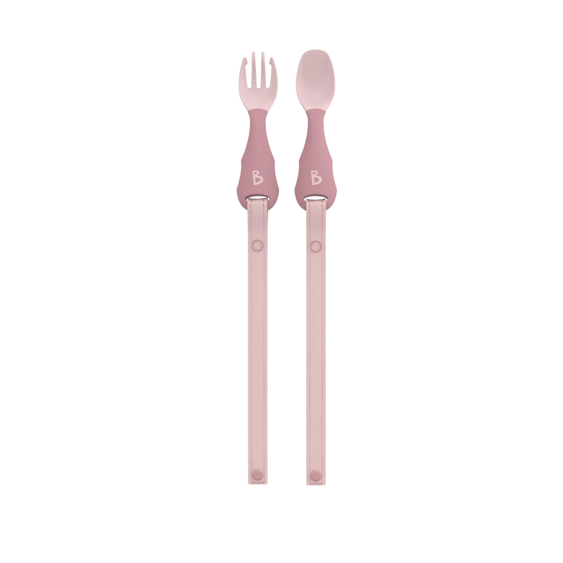 Full-length view of toddler cutlery with extended straps, designed to prevent dropping during mealtimes.