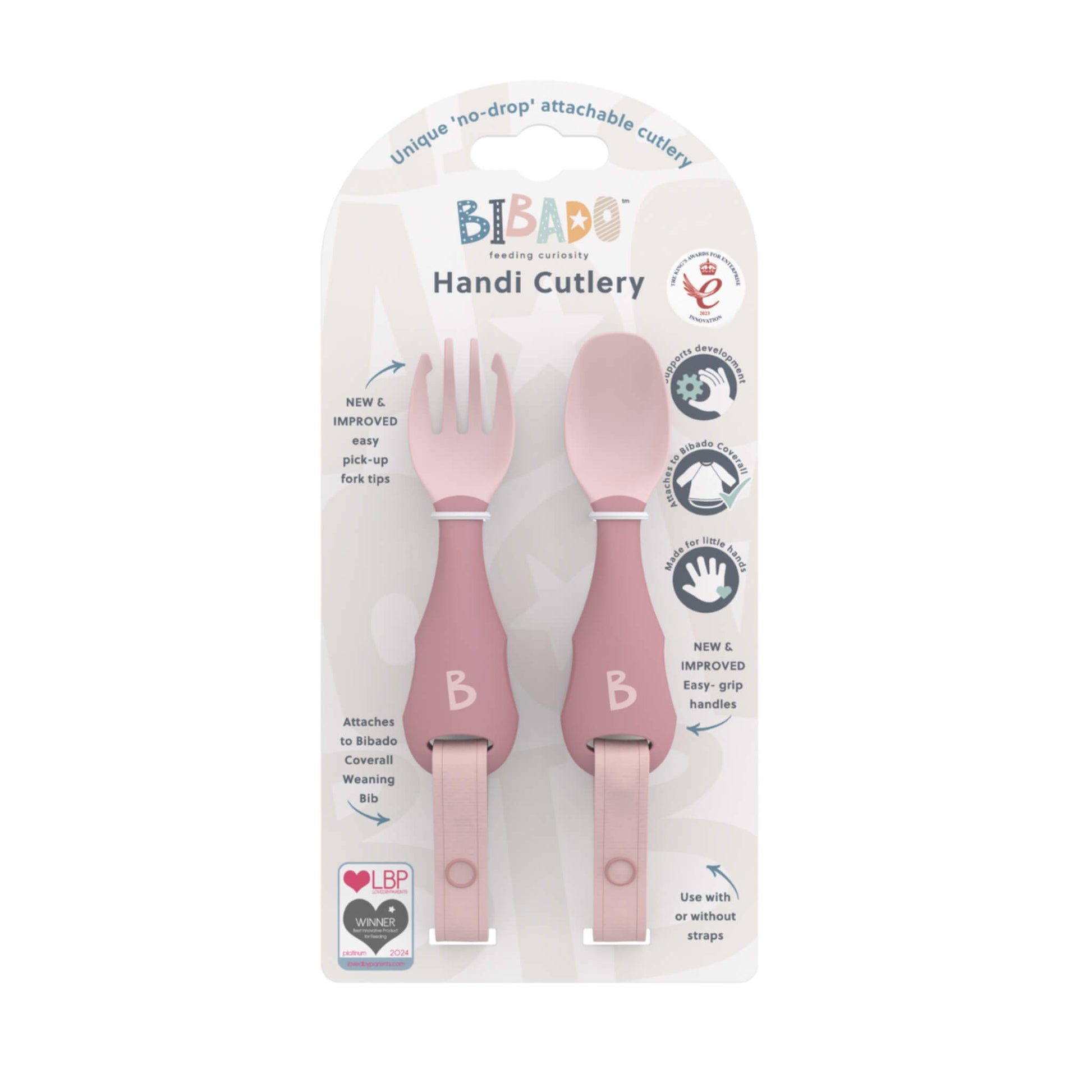 Retail packaging for the Bibado Handi Cutlery highlighting easy-grip design, secure attachment straps, and ergonomic cutlery shape.