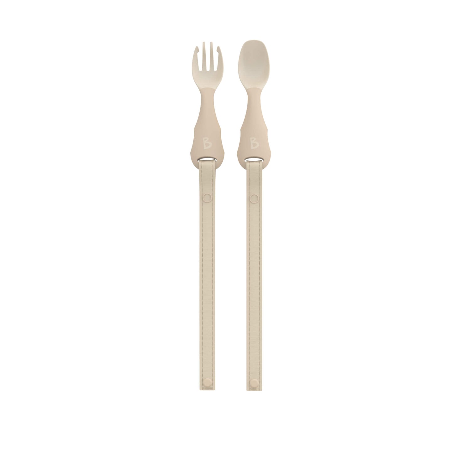 Full-length view of beige spoon and fork with extended straps designed to prevent dropping during mealtimes.