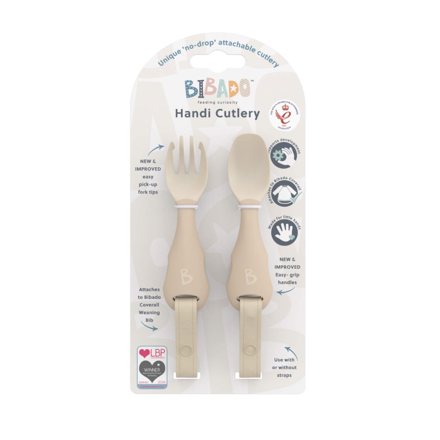 Retail packaging showing fawn Bibado Handi weaning cutlery with icons highlighting grip support, attachment.