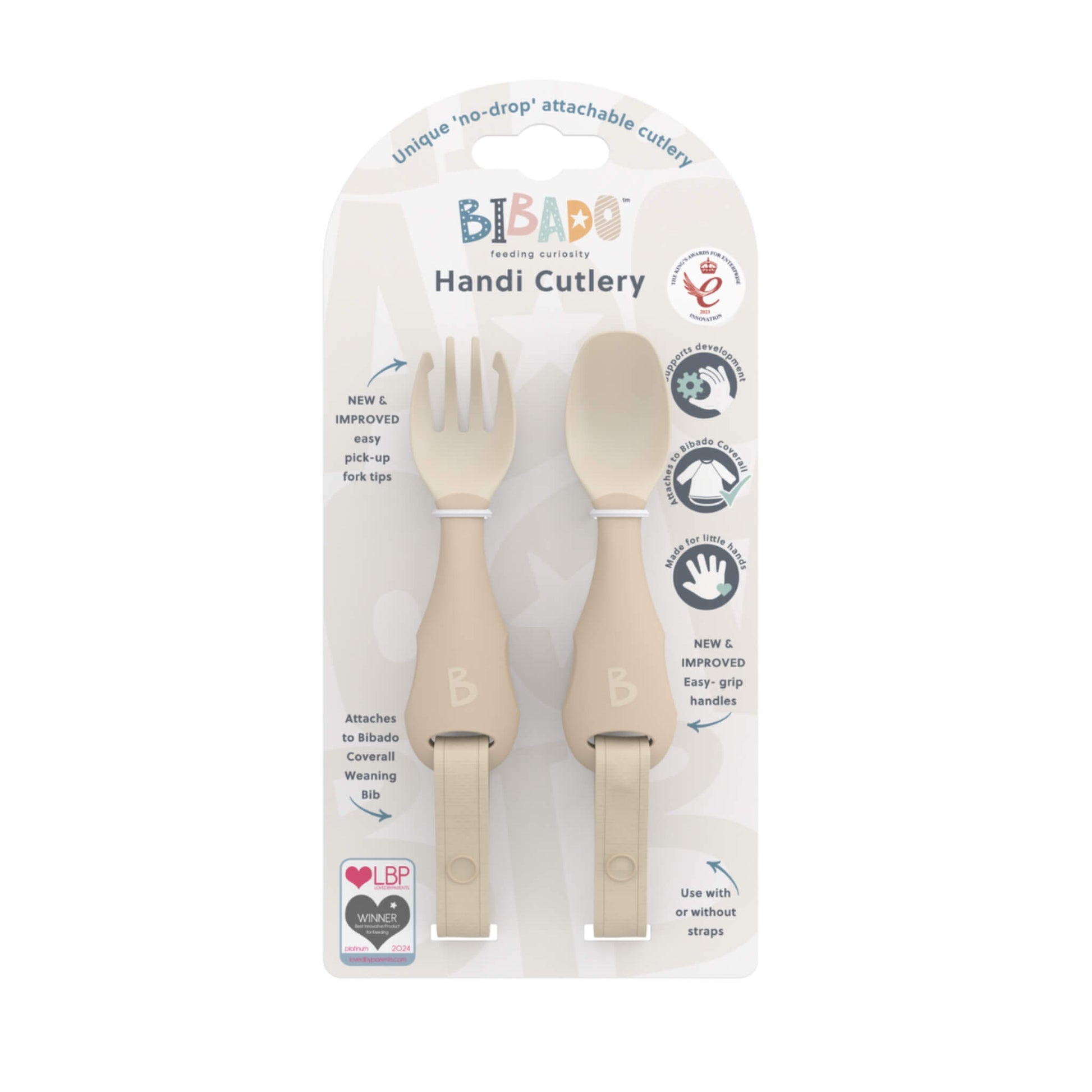 Retail packaging showing fawn Bibado Handi weaning cutlery with icons highlighting grip support, attachment.