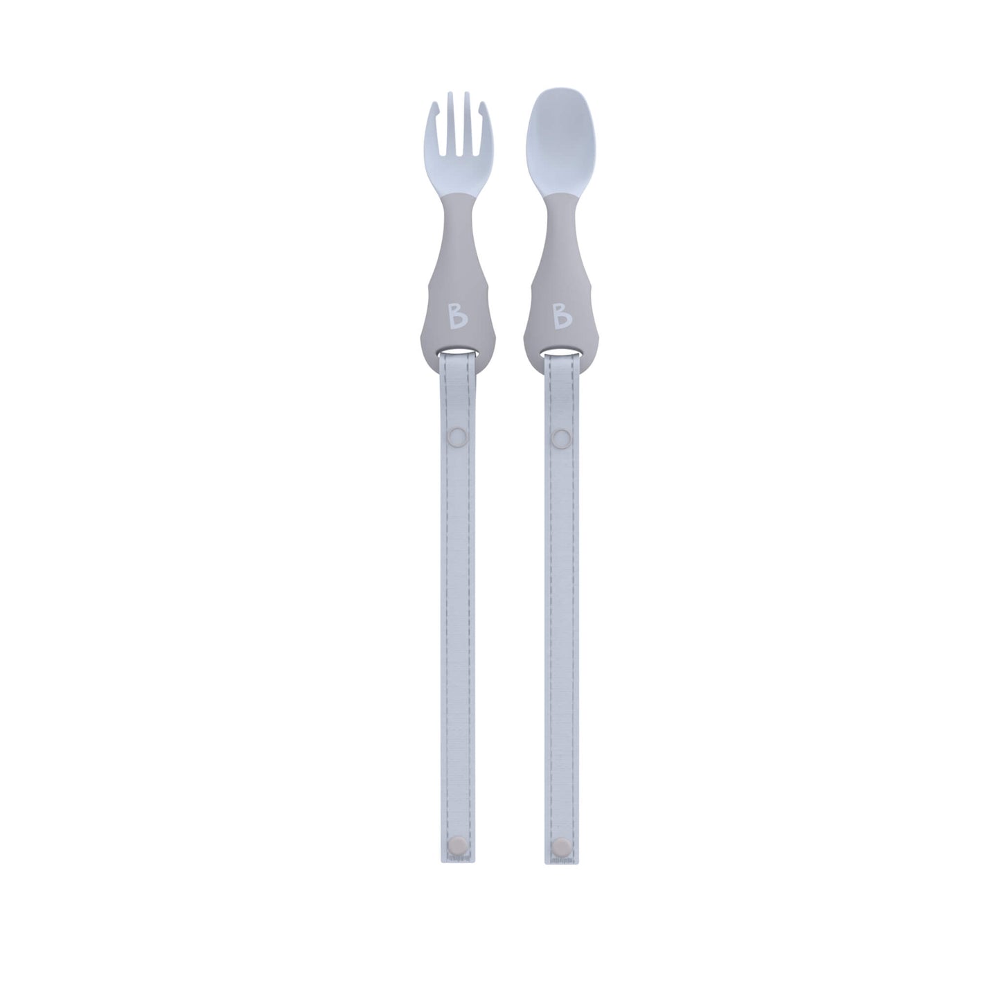 Full-length cutlery set with extended straps shown flat—ideal for babies learning to eat independently.