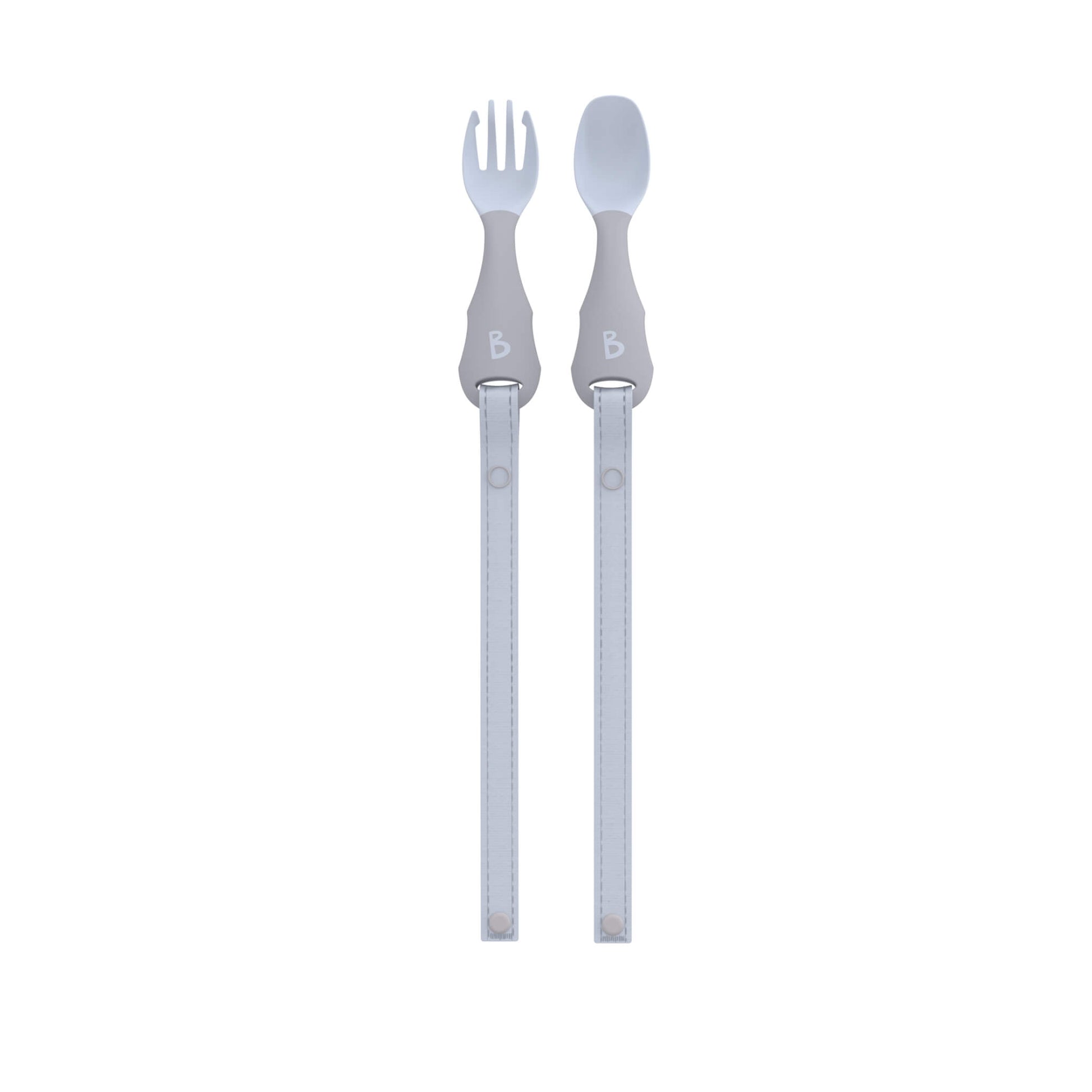 Full-length cutlery set with extended straps shown flat—ideal for babies learning to eat independently.
