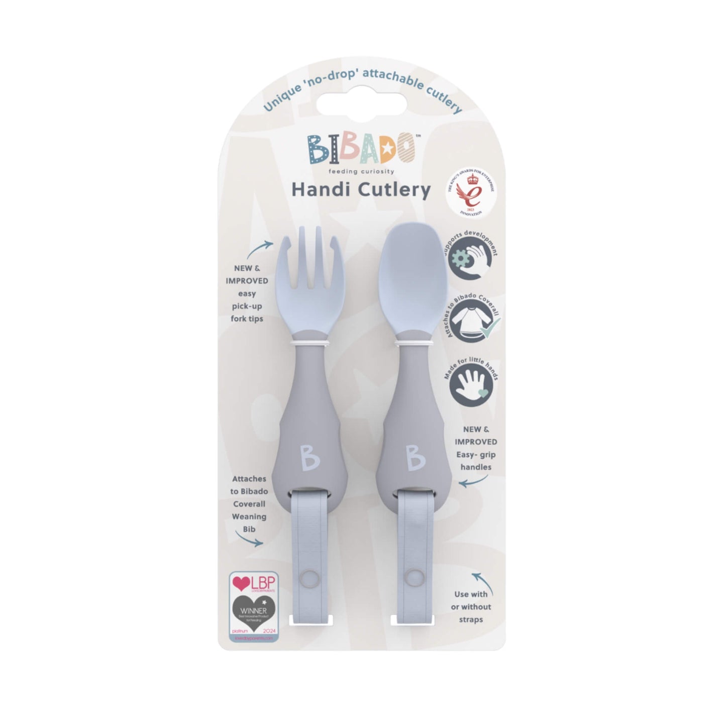 Retail packaging of the Bibabo Mist Handi Cutlery showing ergonomic shape and attachment method.