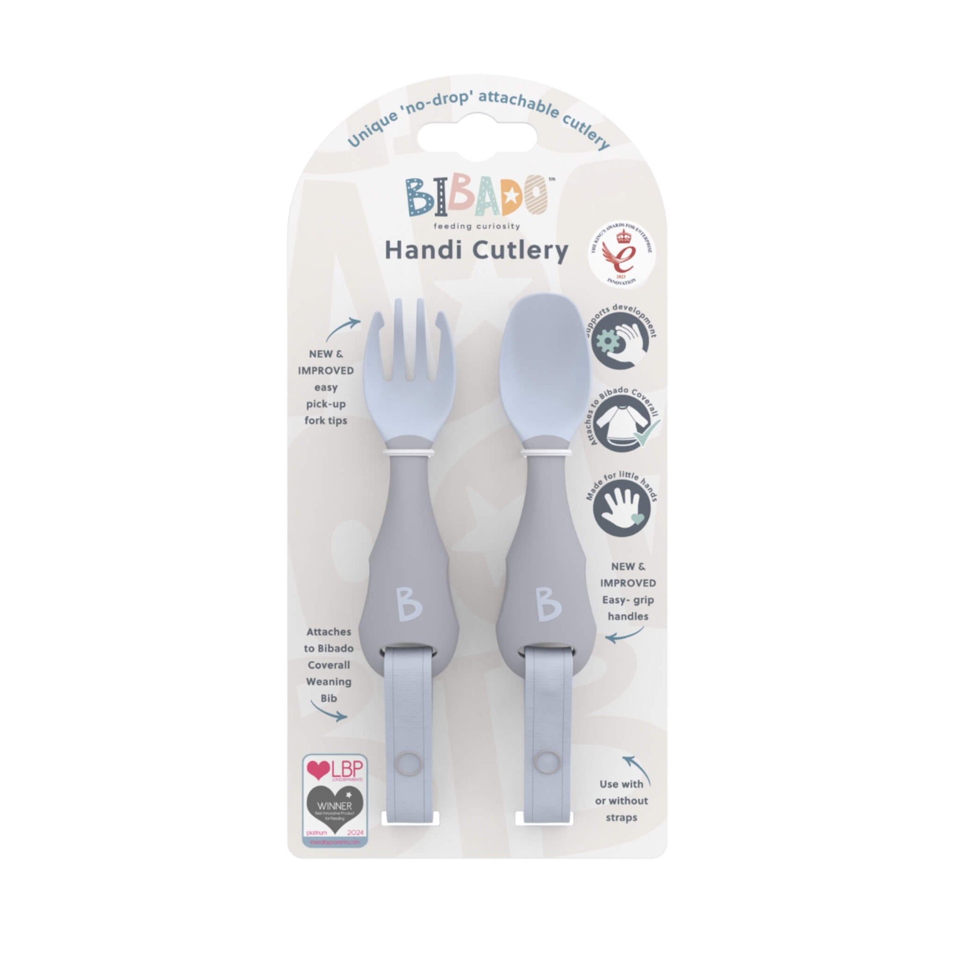 Retail packaging of the Bibabo Mist Handi Cutlery showing ergonomic shape and attachment method.