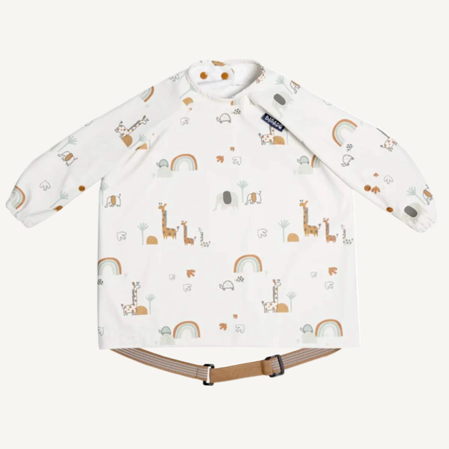 A Serengeti Spaghetti print long sleeve coverall bib laid flat showing giraffe, elephant and rainbow print with adjustable waist strap.
