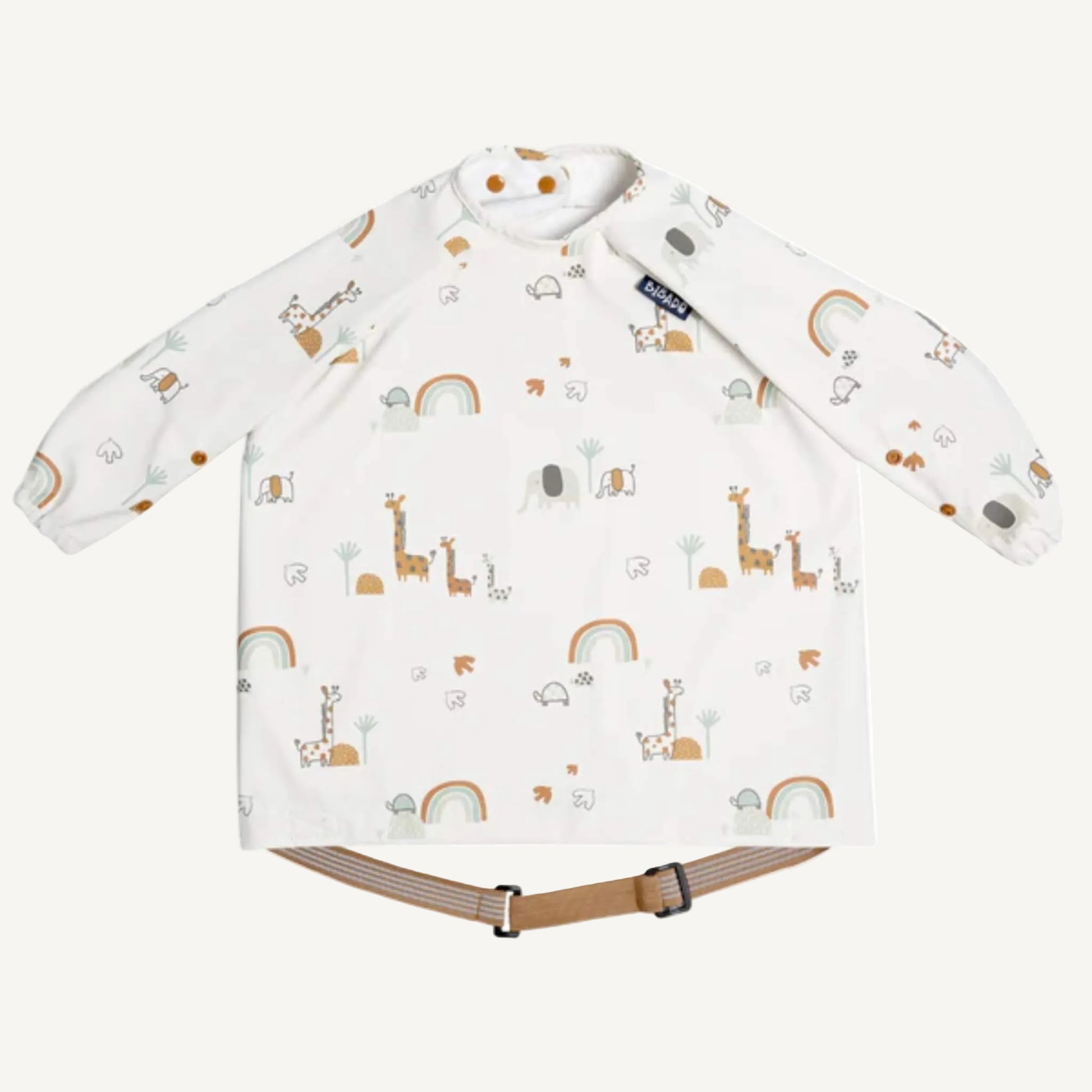A Serengeti Spaghetti print long sleeve coverall bib laid flat showing giraffe, elephant and rainbow print with adjustable waist strap.