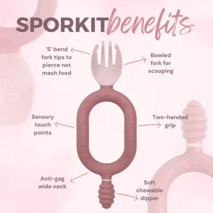 A blush pink Bibado Sporkit™ highlighting the easy-grip dual handles, scooping spork, textured dipper and sensory touch points.