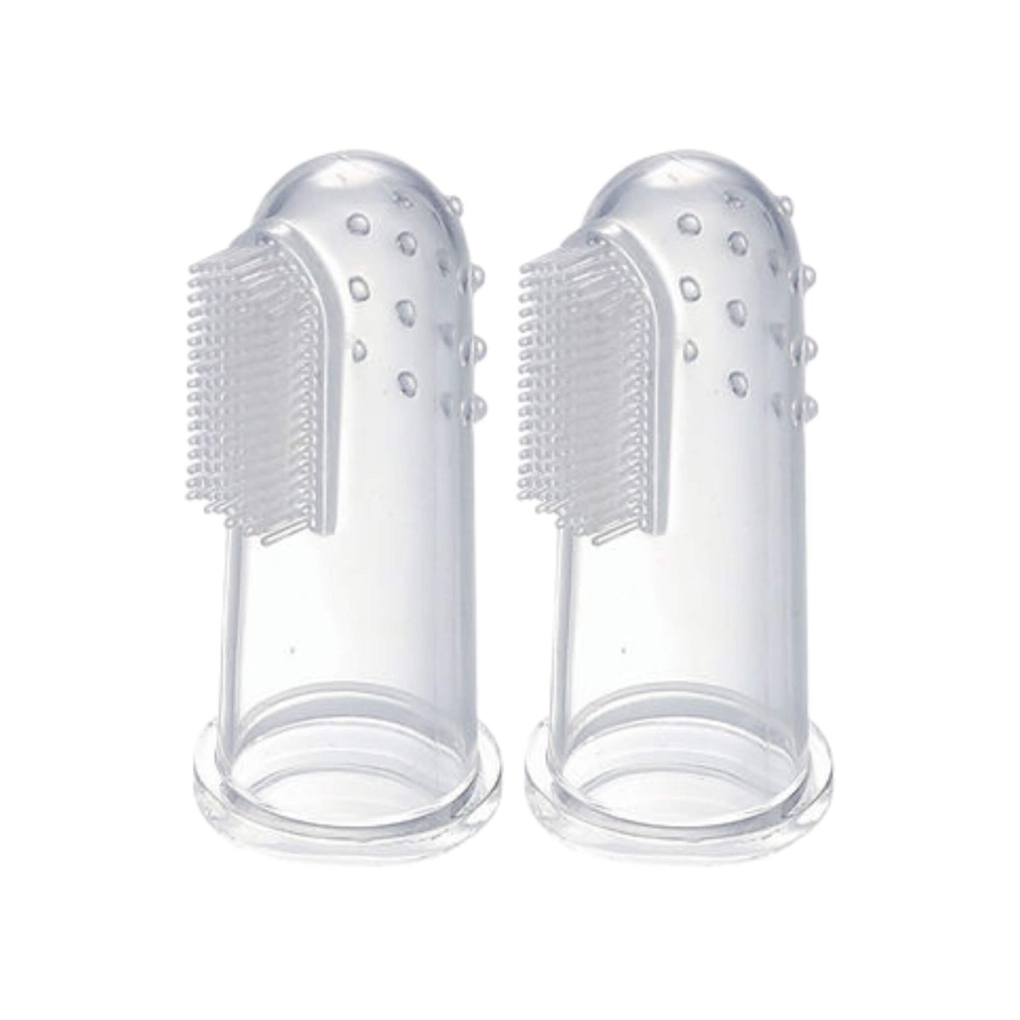 A pair of Bickiepegs Finger Toothbrush and Gum Massagers made from clear silicone, featuring soft bristles on one side and textured bumps for soothing teething gums.