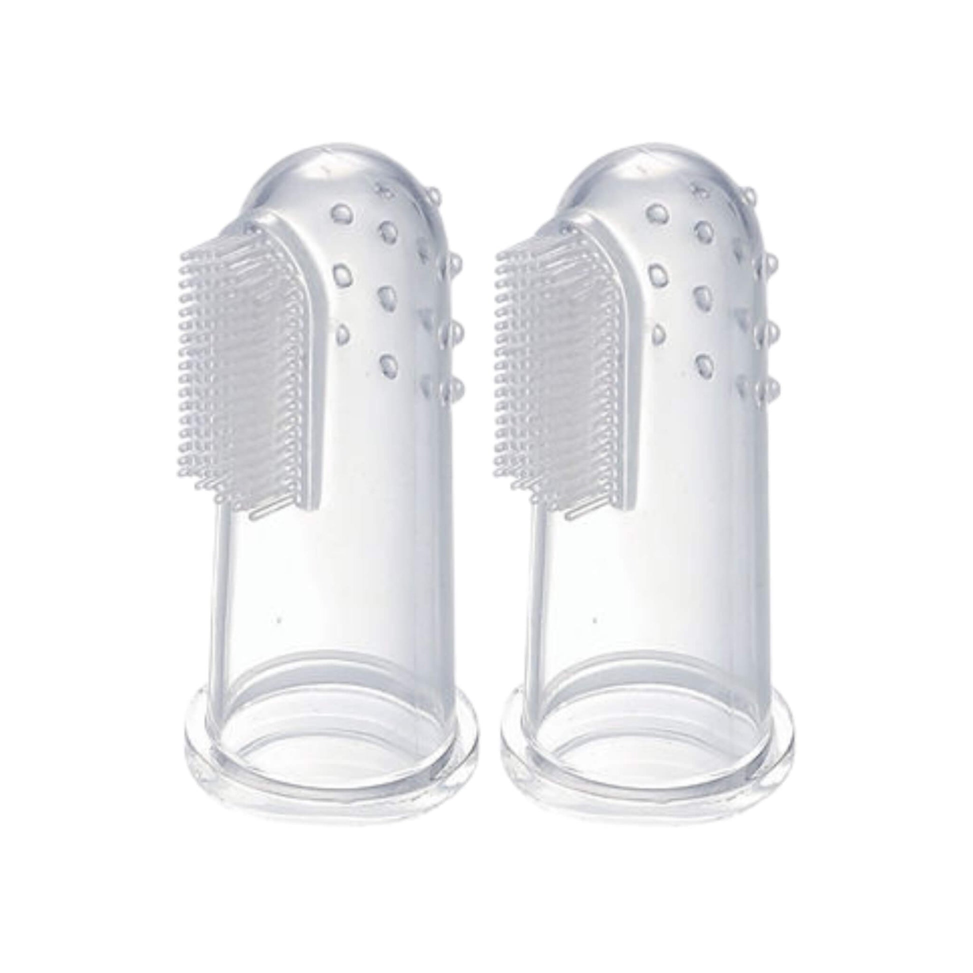 A pair of Bickiepegs Finger Toothbrush and Gum Massagers made from clear silicone, featuring soft bristles on one side and textured bumps for soothing teething gums.