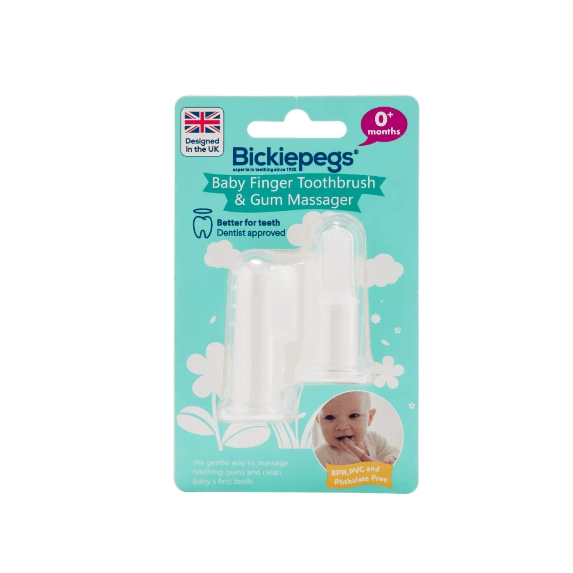 A finger toothbrush and gum massager set shown in clear plastic packaging with soft bristles visible on one of the silicone pieces.