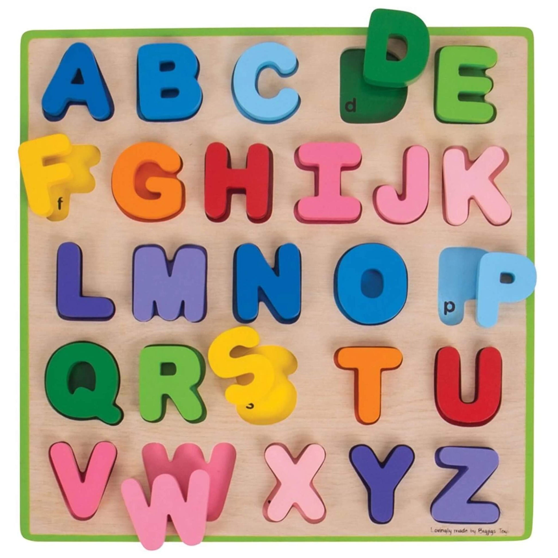 Bigjigs Toys Chunky Alphabet Puzzle featuring brightly coloured wooden uppercase letters arranged on a natural wood board with green trim.