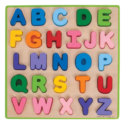 Close-up of the Bigjigs Toys wooden alphabet puzzle showing colourful uppercase letters fitted neatly into the matching slots.