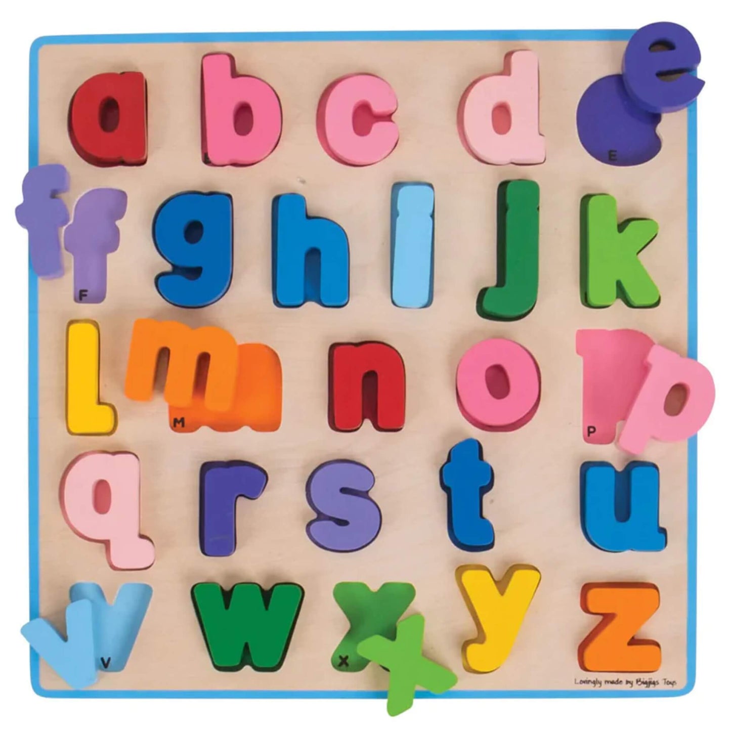 Lowercase version of the wooden alphabet puzzle with bright letters scattered above their matching cut-outs on a light wood base.
