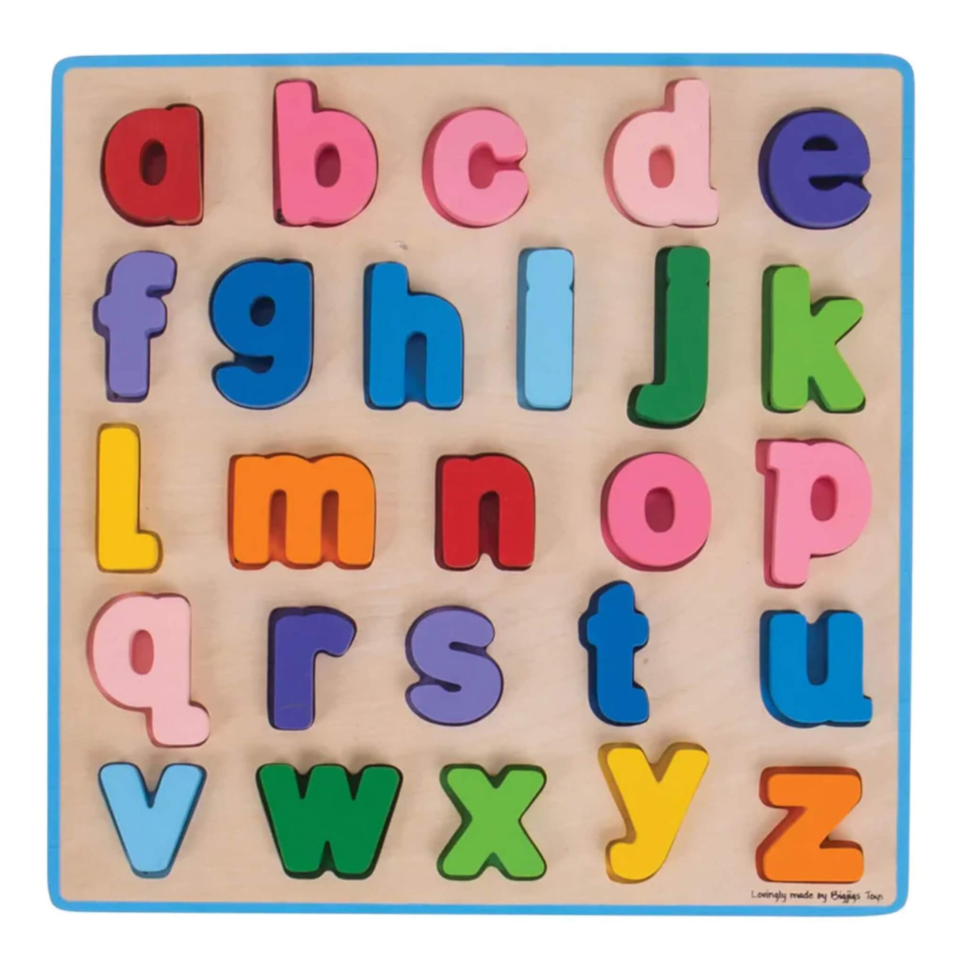 Wooden alphabet puzzle showing all lowercase letters neatly in place, each painted in bold colours and framed by a blue edge.