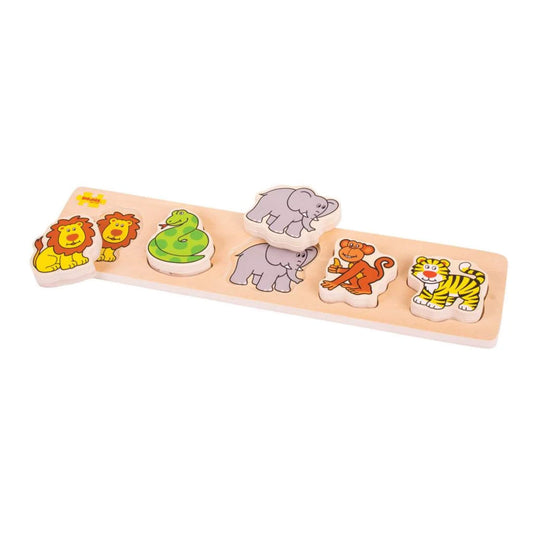 Bigjigs Toys Chunky Lift and Match Safari Puzzle with sturdy wooden pieces shaped like wild animals, including lion, snake, elephant, monkey, and tiger, perfect for little hands to grasp and match.