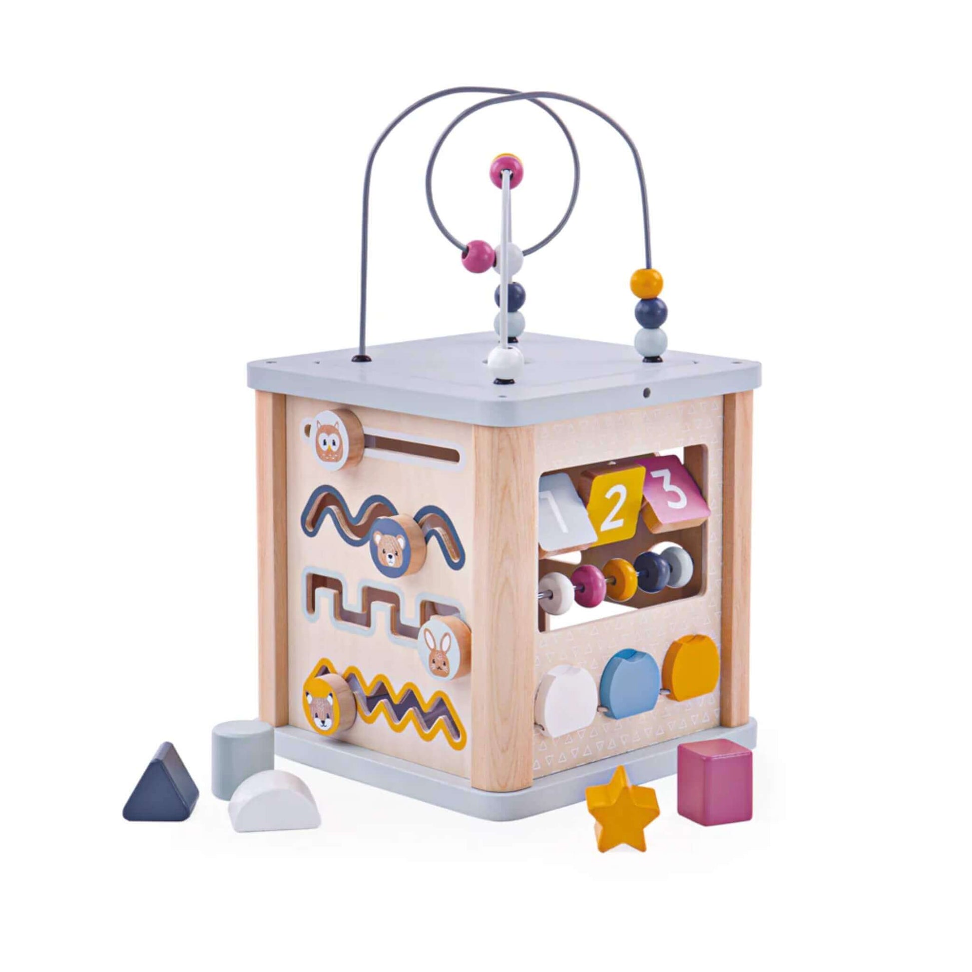 Bigjigs FSC® Certified Wooden Activity Cube with bead maze, shape sorter, and counting blocks. Ideal for early learning and sensory play.