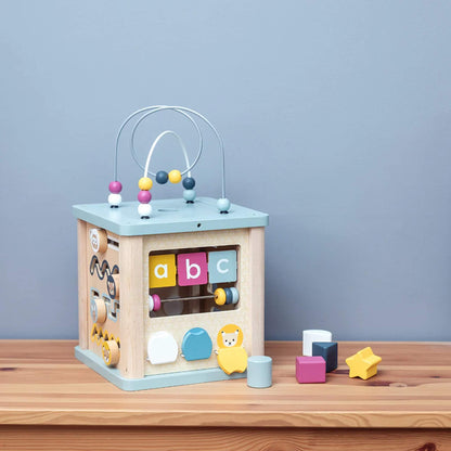 Wooden activity cube with colourful ABC blocks and bead maze, perfect for early letter recognition and tactile play.