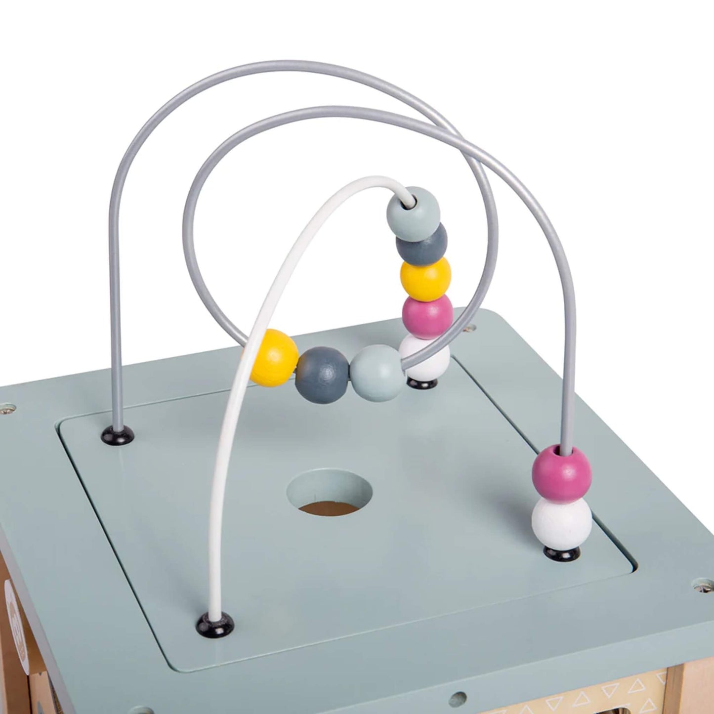 Close-up of colourful beads on the top of the wooden activity cube, designed for fine motor skill development and counting practice.