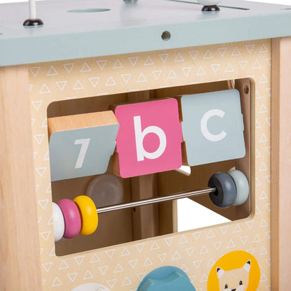 ABC and number tiles on the wooden activity cube, perfect for early literacy and numeracy skills.