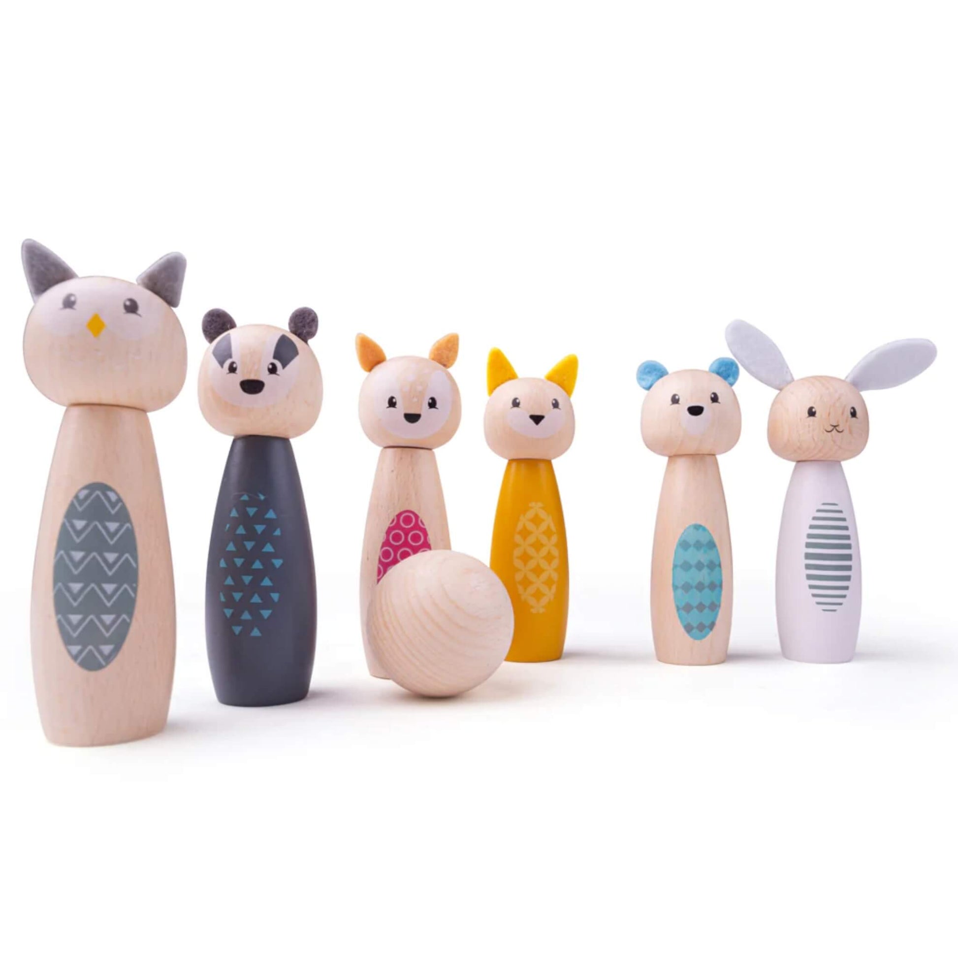 All six animal skittles standing in a row with the ball in front, showing the full set of characters.