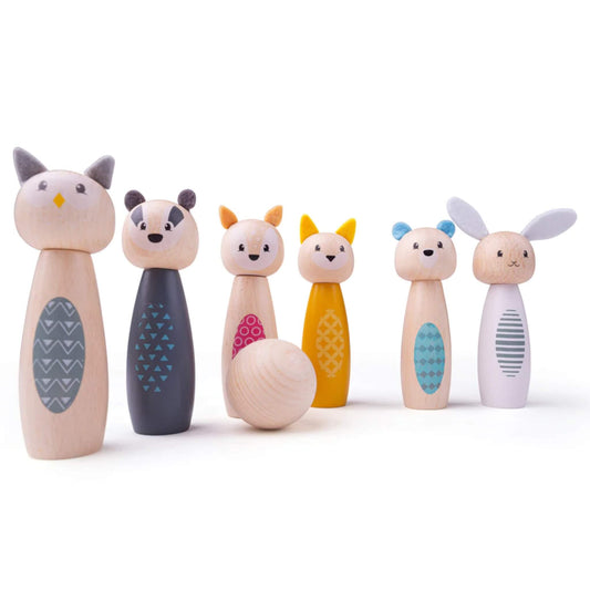 All six animal skittles standing in a row with the ball in front, showing the full set of characters.