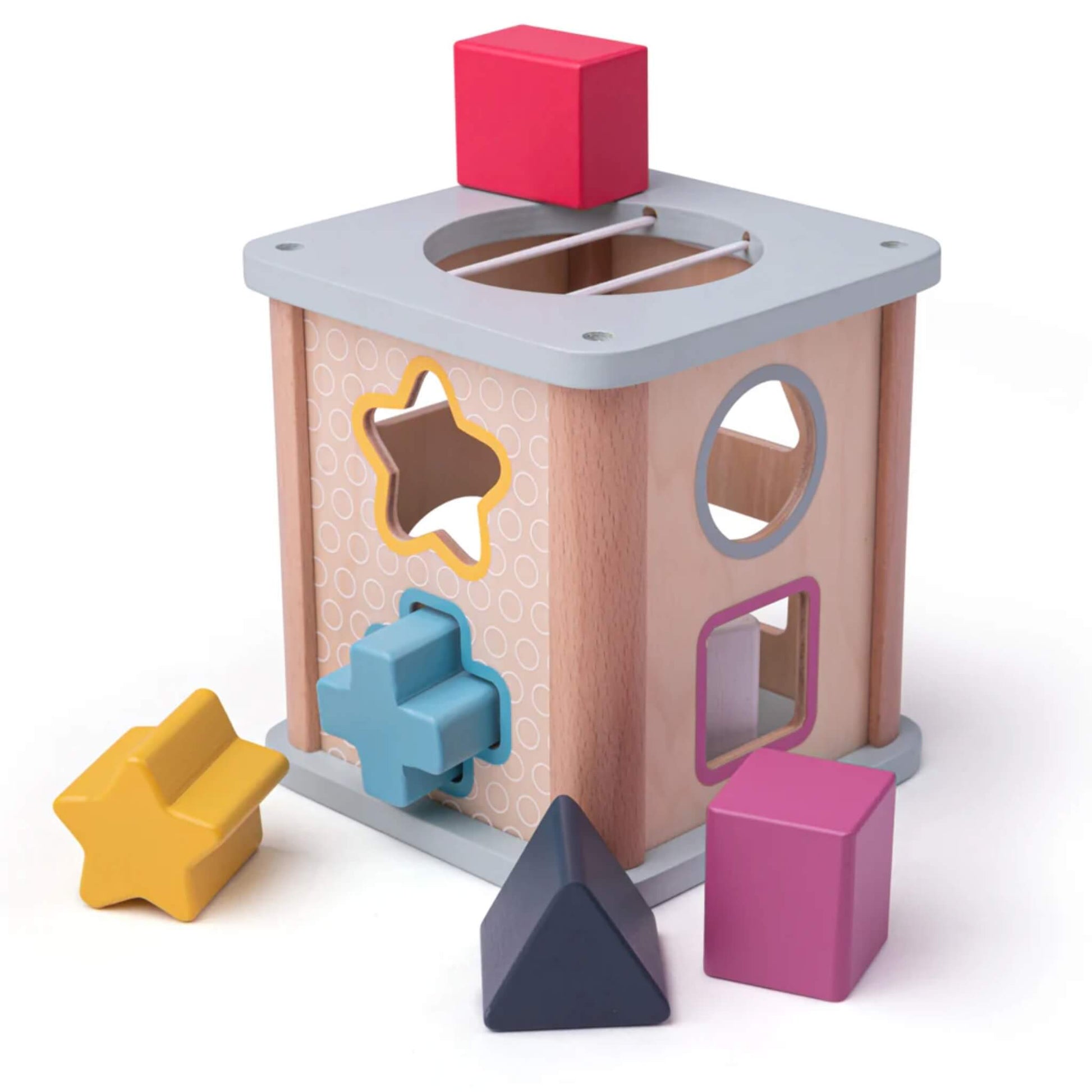 Wooden Bigjigs shape sorter toy with all five shapes arranged around and one shape resting on top.