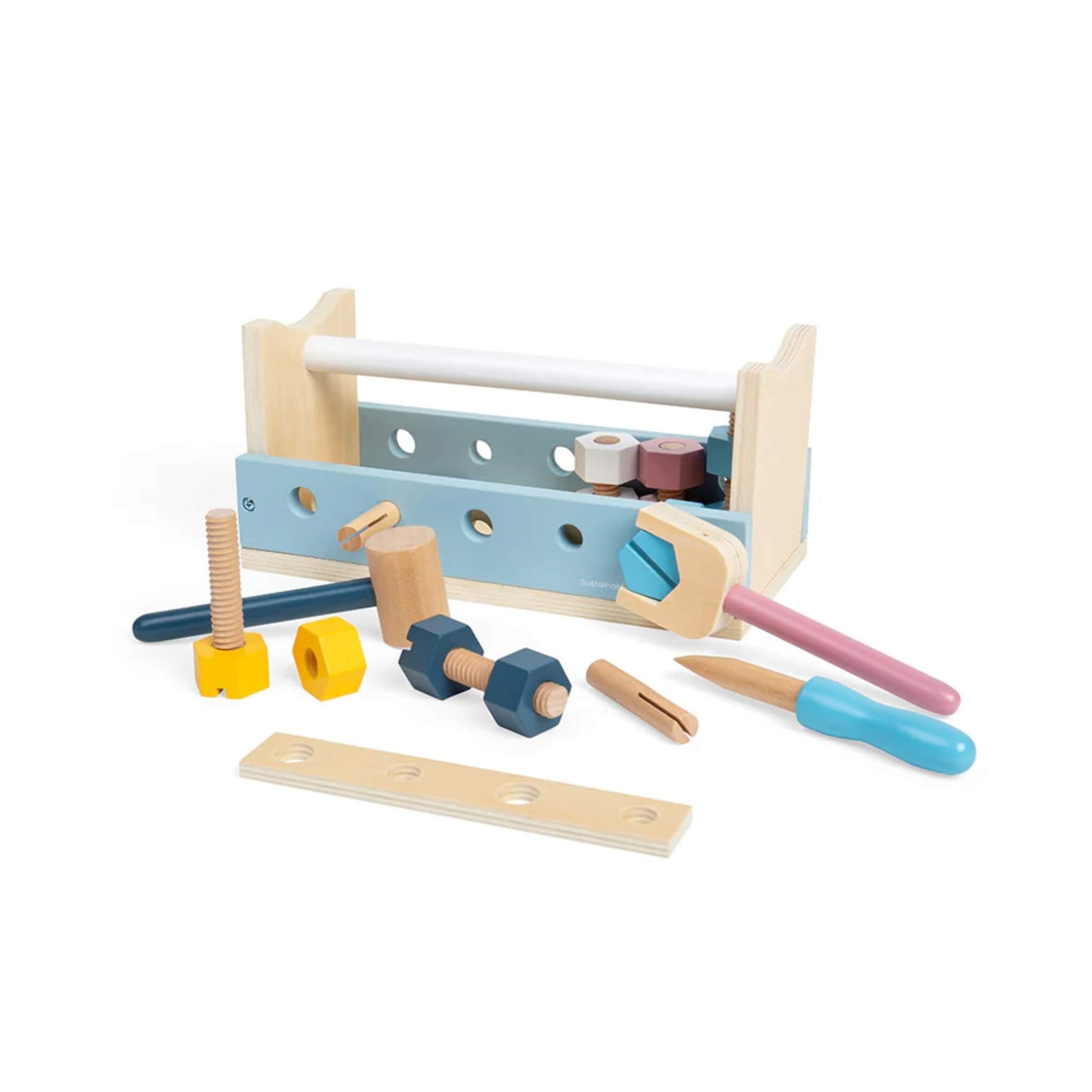Bigjigs FSC® Wooden Activity Workbench with wooden tools, bolts, and screws – ideal for creative play and fine motor skill development.
