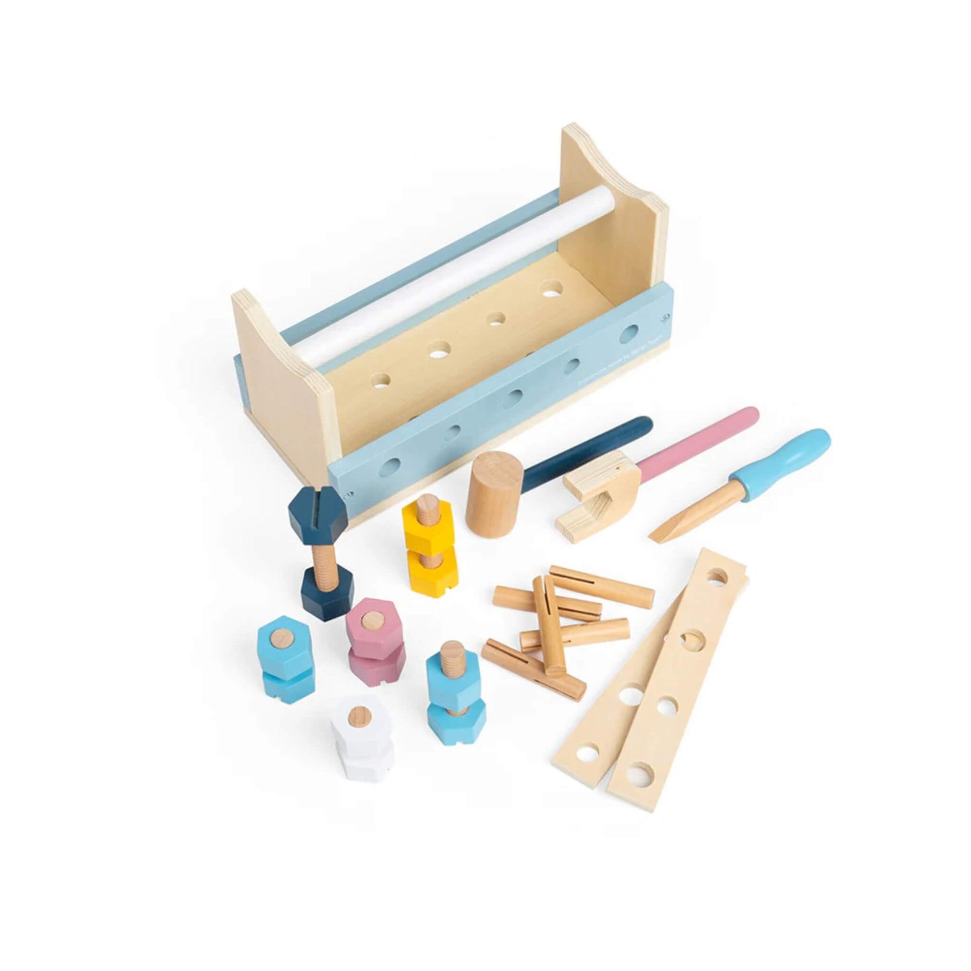 Wooden activity workbench for kids, with chunky tools, bolts, and screws for hands-on learning.