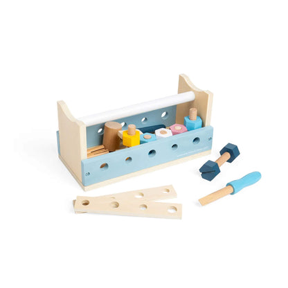 Children’s wooden workbench with play tools and colourful components for imaginative role play.
