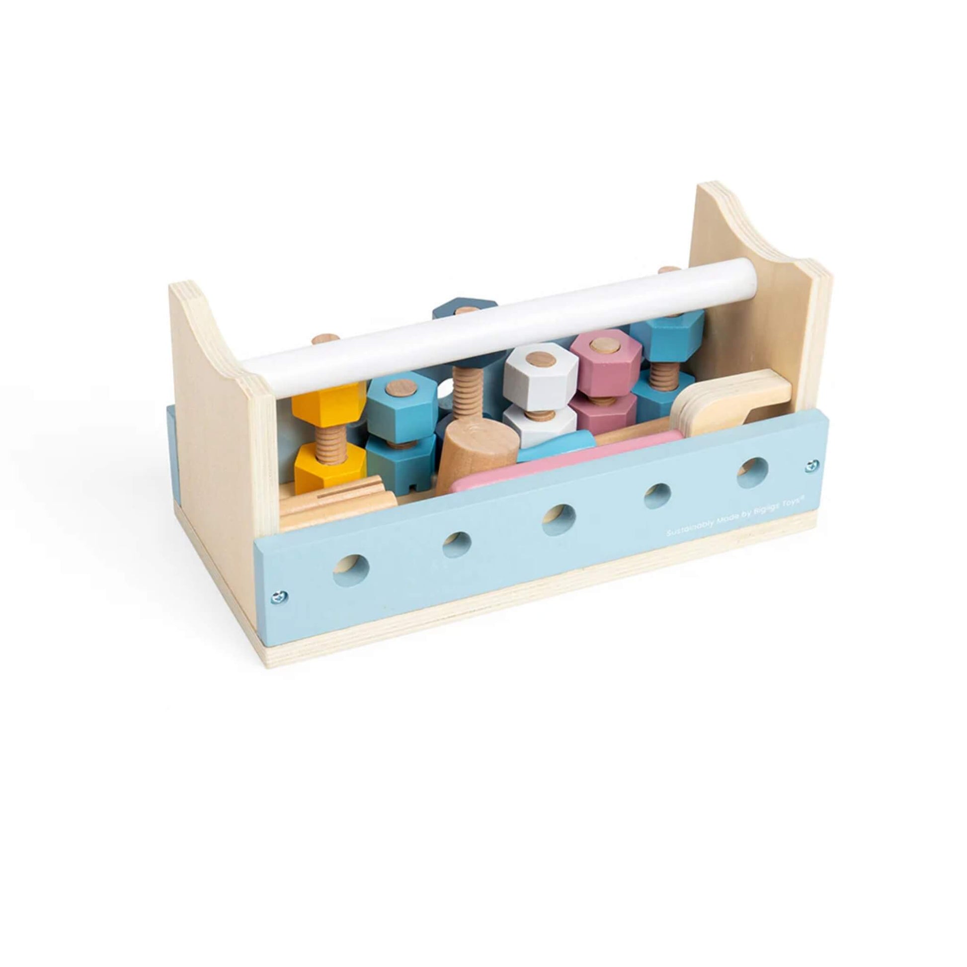 Wooden kids workbench with tools, nuts, and bolts – perfect for pretend play and fine motor skills.