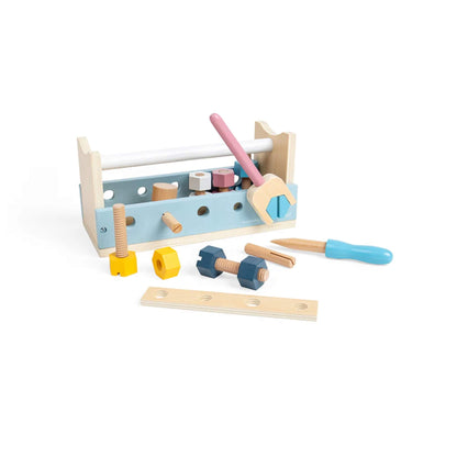 Close-up of wooden tools, bolts, and screws on a sturdy kids workbench – ideal for toddlers.