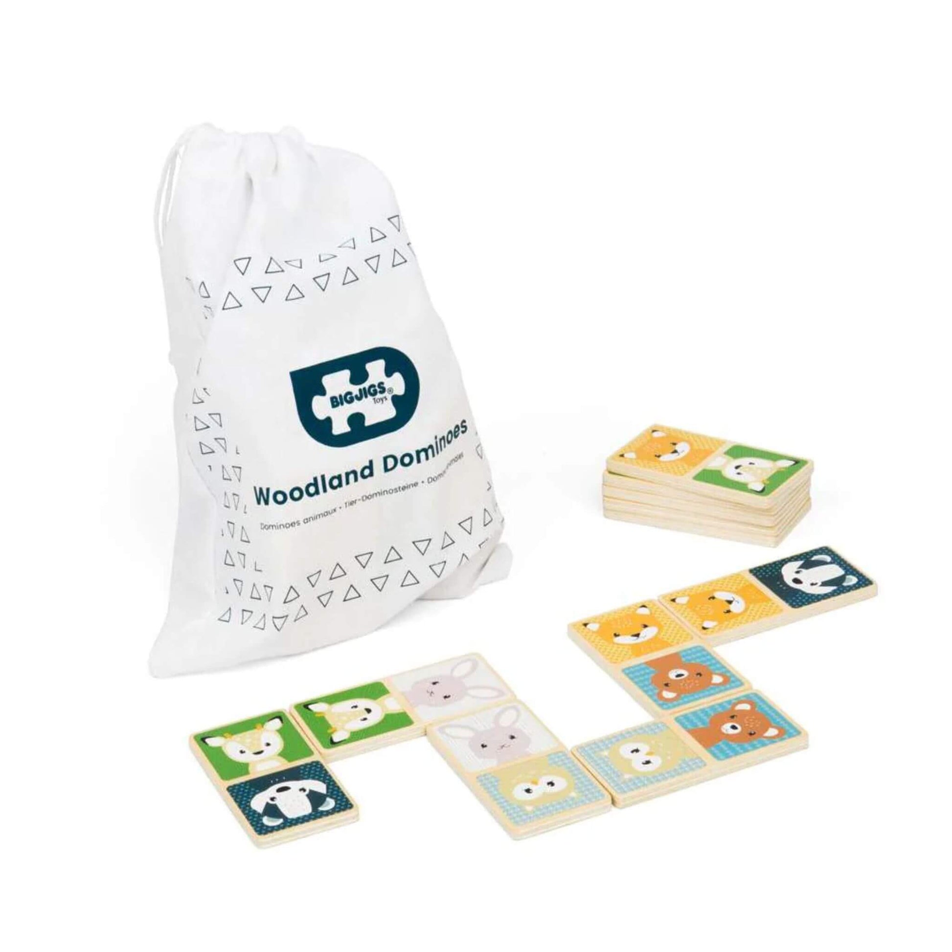 Drawstring storage bag and wooden animal domino tiles from the Bigjigs Toys Woodland Dominoes set displayed on a white background.