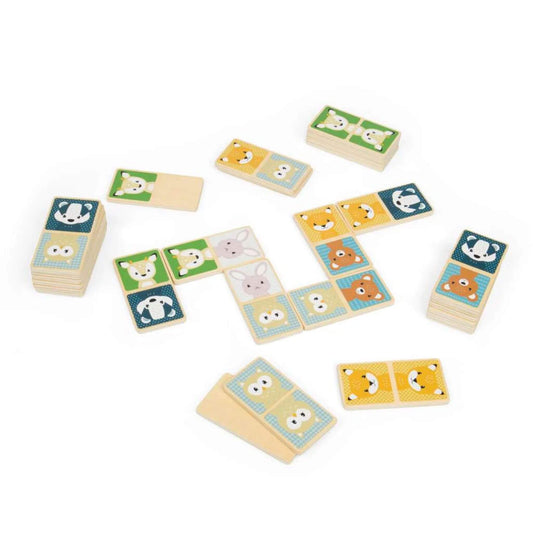 Colourful woodland animal dominoes laid out mid-game with matching animal pairs visible.