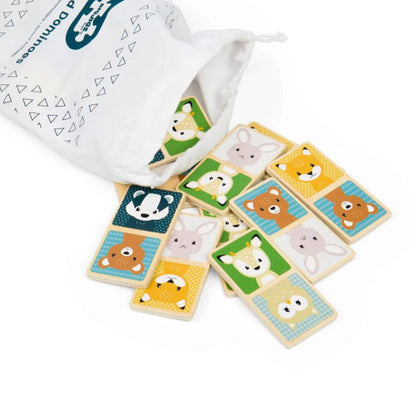 Bigjigs Toys Woodland Dominoes spilling out of the drawstring bag, showing fox, deer, rabbit and bear tiles.