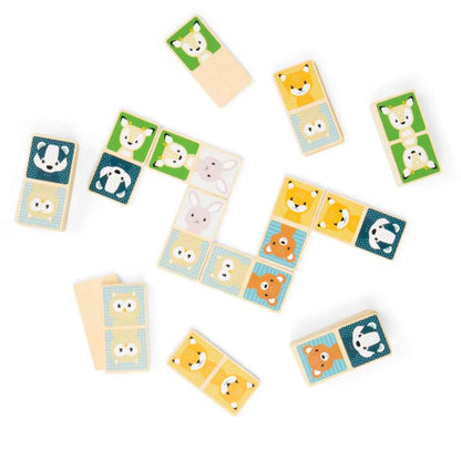 Top-down view of domino tiles in play, featuring forest animals like owls, foxes and badgers.